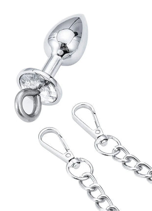 Silverplattierter analplug mit klarem kristalldetail und metallkette aus der ohmama fetish handschellen mit metall und stecker serie