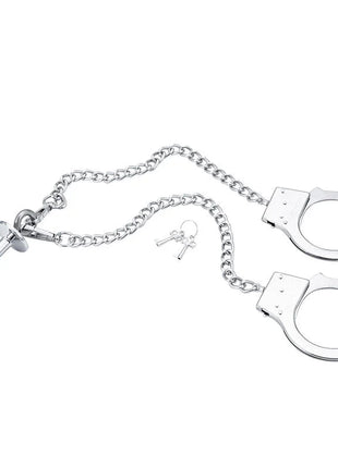Ohmama fetish silberfarbene handschellen aus metall mit ketten und stecker inklusive schlüssel zur bedienung