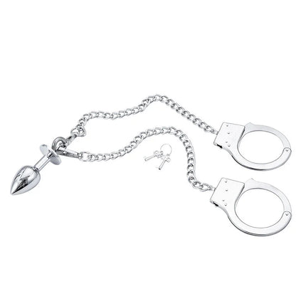 Ohmama fetish silberfarbene handschellen aus metall mit ketten und stecker inklusive schlüssel zur bedienung