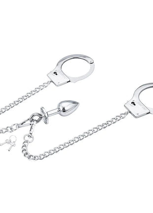 Ohmama fetish handschellen aus silbernem metall mit ketten und metanal stecker inklusive schlüssel zum verriegeln