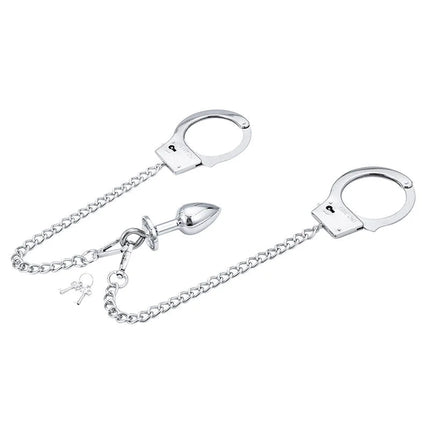 Ohmama fetish handschellen aus silbernem metall mit ketten und metanal stecker inklusive schlüssel zum verriegeln