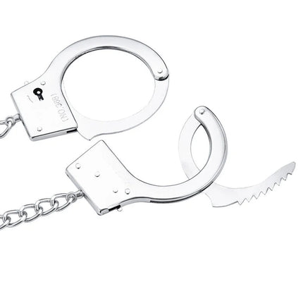 Ohmama Fetish handschellen mit metall und stecker in silber mit kettengliedern und serriertem schneidewerkzeug