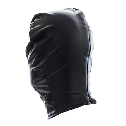 Schwarze faux leder kapuze mit reißverschlussverschluss aus ohmama fetish hut mit augen bedeckt