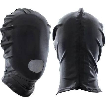 Ohmama Fetish schwarzer glänzender Stoffmaske mit Reißverschluss und Augenöffnungen für Fetischzwecke