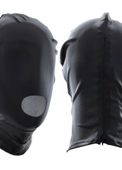 Ohmama Fetish schwarzer glänzender Stoffmaske mit Reißverschluss und Augenöffnungen für Fetischzwecke