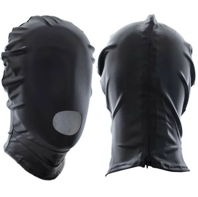 Ohmama Fetish schwarzer glänzender Stoffmaske mit Reißverschluss und Augenöffnungen für Fetischzwecke