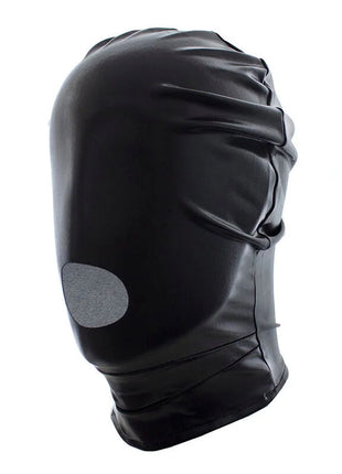 Ohmama fetish schwarzer glänzender latexhut mit grauem runden patch über den augen