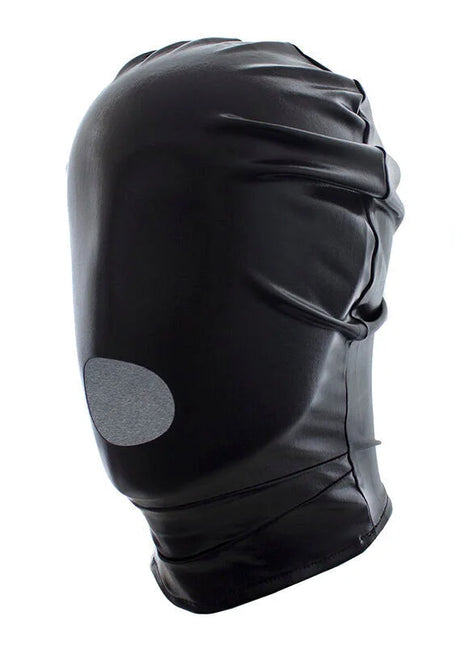 Ohmama fetish hut mit augen bedeckt schwarzes glänzendes latex kopfbedeckung mit grauem kreisförmigem patch über den augen