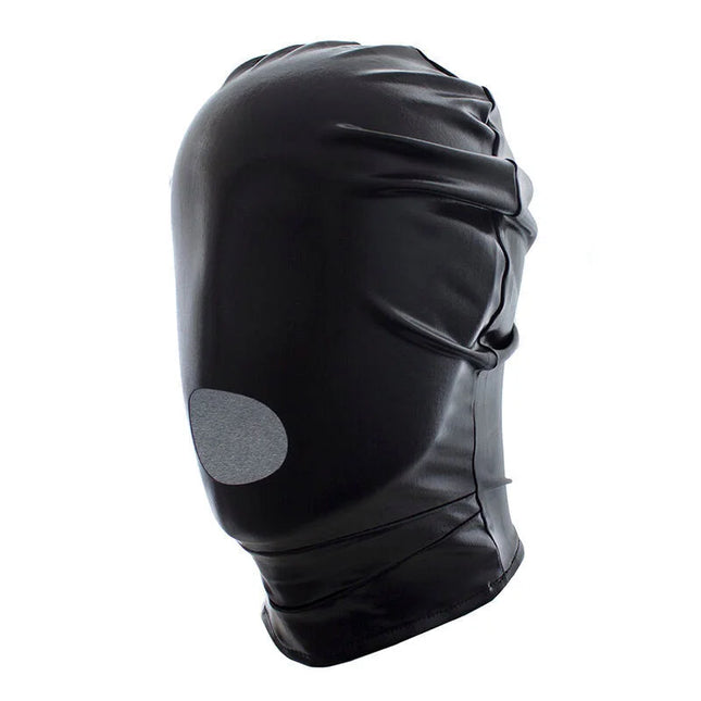 Ohmama fetish hut mit augen bedeckt schwarzes glänzendes latex kopfbedeckung mit grauem kreisförmigem patch über den augen