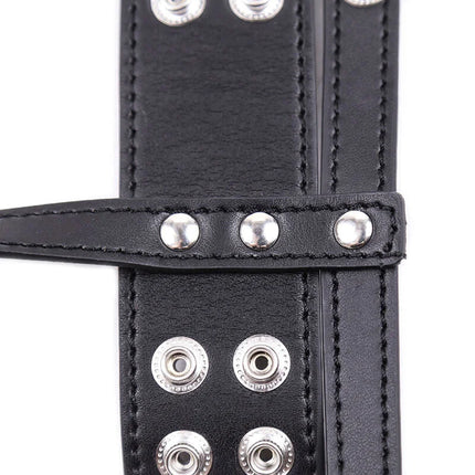 Ohmama fetish keuschheitshülle aus schwarzem leder mit silbernen metallnieten und druckknöpfen