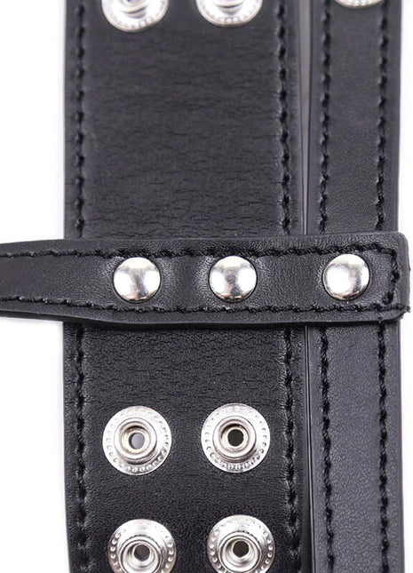 Ohmama fetish keuschheitshülle aus schwarzem leder mit silbernen metallnieten und druckknöpfen