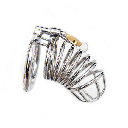 Shiny chrome-plated metal chastity cage with gold-colored lock ohmama fetish metal keuschheitskäfig größe s