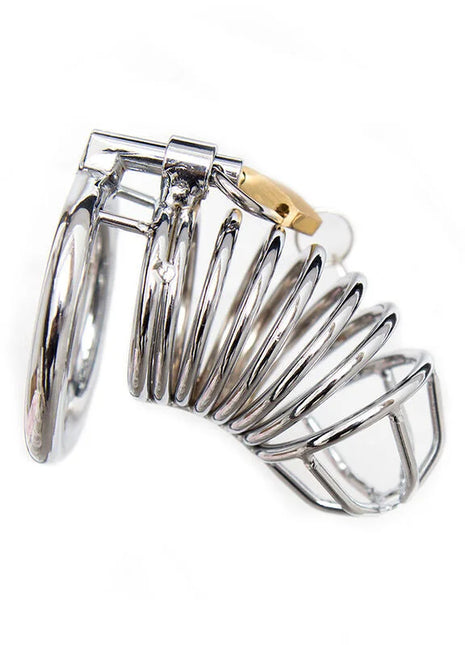 Shiny chrome-plated metal chastity cage with gold-colored lock ohmama fetish metal keuschheitskäfig größe s