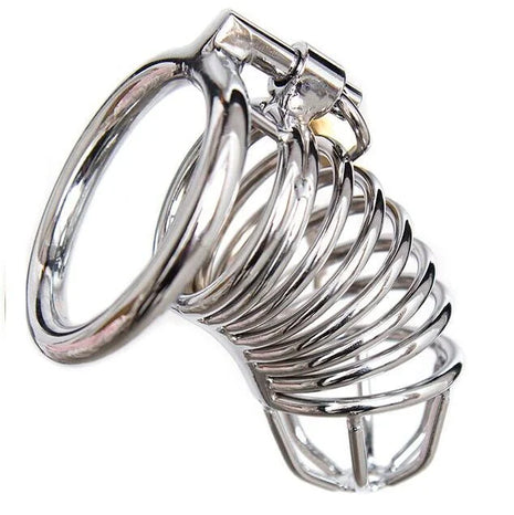 Ohmama fetish keuschheitskäfig aus silberfarbenem metall mit ring und spiralfeder design größe s