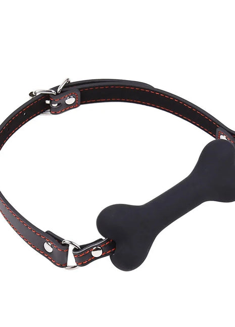 Ohmama fetish knochenknebel schwarzer knochengag mit roter nähung und silberner metallhardware auf lederriemen