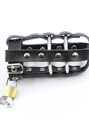 Ohmama fetish schwarze ledermaske mit metallringen und vorhängeschloss aus messing für bdsm einsatz