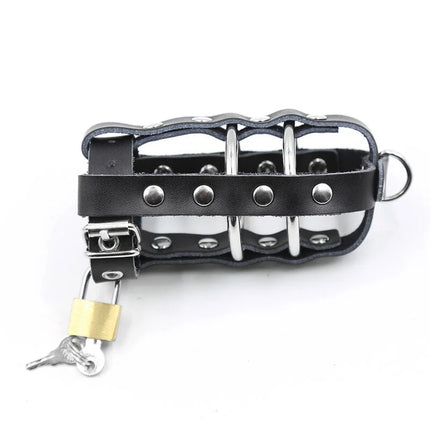 Ohmama fetish schwarze ledermaske mit metallringen und vorhängeschloss aus messing für bdsm einsatz