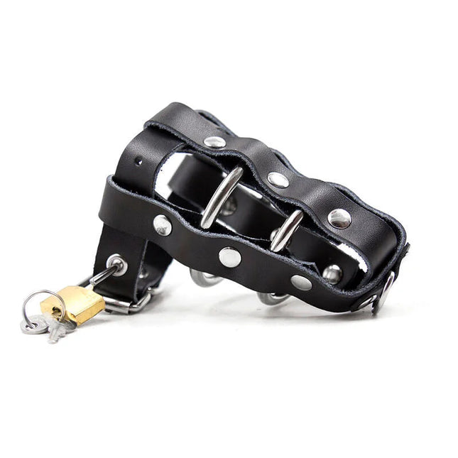 Ohmama fetish lederscheide mit metallringen und vorhängeschloss schwarz aus leder mit silbernen metallschlaufe und goldenem vorhängeschloss