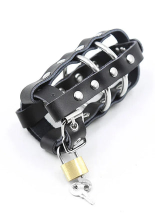 Ohmama Fetish schwarze Lederhandschelle mit silbernen Metallringen und Vorhängeschloss aus Messing mit Schlüsseln