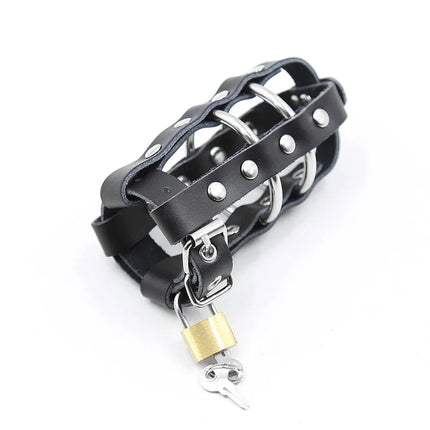 Ohmama Fetish schwarze Lederhandschelle mit silbernen Metallringen und Vorhängeschloss aus Messing mit Schlüsseln