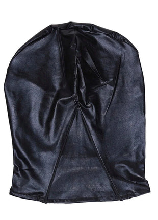 Schwarze glänzende kunstlederkapuze mit gerafftem oberteil und gesteppter naht ohmama fetish mundabdeckungshut