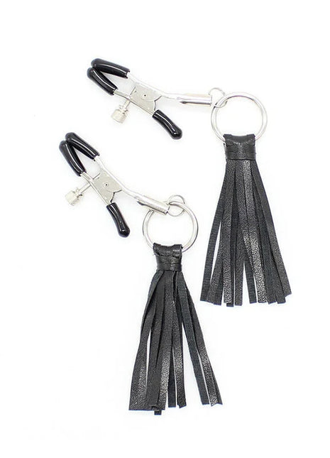 Ohmama fetish schwarze leder nippelabdeckungen mit quasten und schwarzen kunststoffgriffen mit silbernen metallverschlüssen