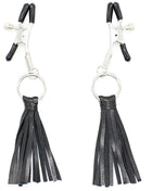 Schwarze ohmama fetish nippelabdeckungen mit quasten aus leder und silbernen metallklammern mit gummigriffen