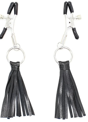 Schwarze ohmama fetish nippelabdeckungen mit quasten aus leder und silbernen metallklammern mit gummigriffen