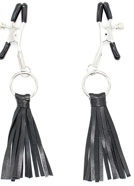 Schwarze ohmama fetish nippelabdeckungen mit quasten aus leder und silbernen metallklammern mit gummigriffen