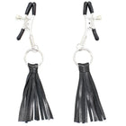 Schwarze ohmama fetish nippelabdeckungen mit quasten aus leder und silbernen metallklammern mit gummigriffen