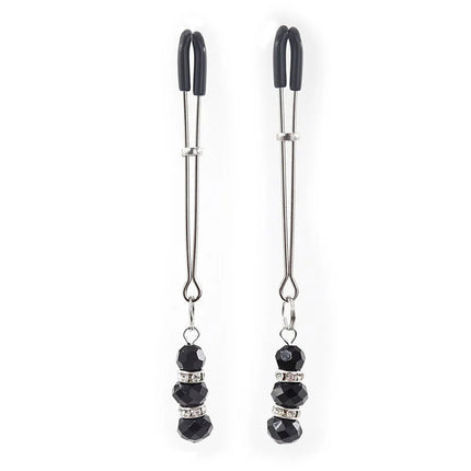 Ohmama fetish nippelklemmen in schwarz und silber mit kristallsteinen und anhängendem perlenanhänger
