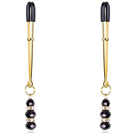 Schwarze und goldene ohmama fetish nippelklemmens mit facettierten schwarzen perlen und klaren kristallen