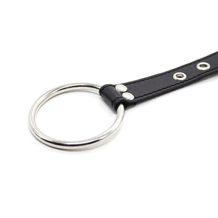 Schwarzes lederhalsband mit silbernem metallring und verzierenden nieten aus ohmama fetish serien