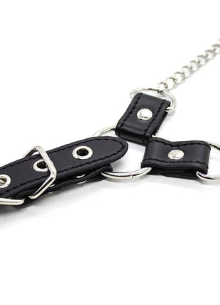 Schwarzes lederhalsband mit silberfarbenem metallbeschlag und kettengliedern aus der ohmama fetish kollektion