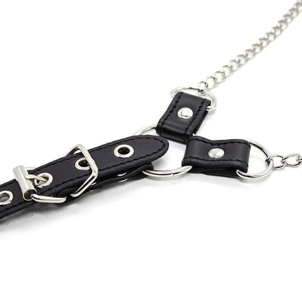 Schwarzes lederhalsband mit silberfarbenem metallbeschlag und kettengliedern aus der ohmama fetish kollektion
