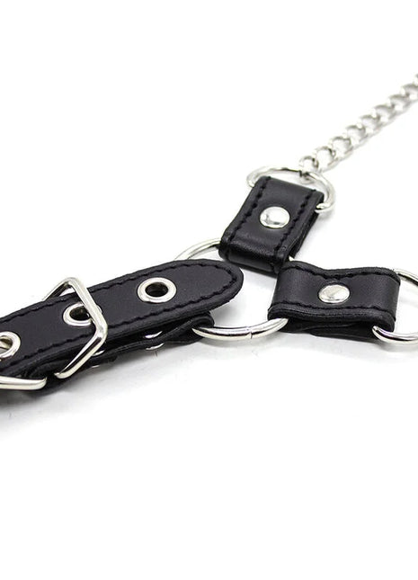 Schwarzes lederhalsband mit silberfarbenem metallbeschlag und kettengliedern aus der ohmama fetish kollektion