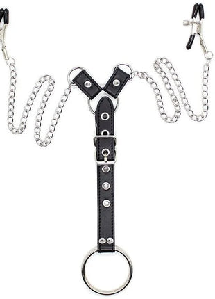 Schwarzer y-förmiger lederriemen mit silberfarbenen metallketten, clips und penisring von ohmama fetish