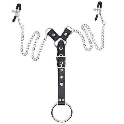 Schwarzer y-förmiger lederriemen mit silberfarbenen metallketten, clips und penisring von ohmama fetish