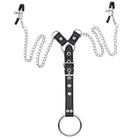 Schwarzer y-förmiger lederriemen mit silberfarbenen metallketten, clips und penisring von ohmama fetish