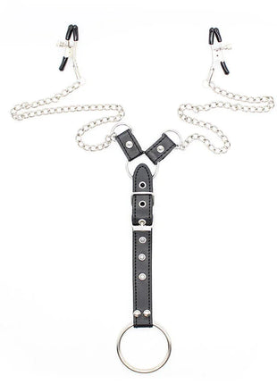 Schwarzer ohmama fetish leder y-riemen mit silbernen ketten, schnallen und zentralem ring für nippelklemmen und penisring