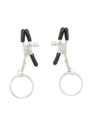 Ein schwarzes und silbernes Paar nippelklemmen mit ringen von ohmama fetish aus metall