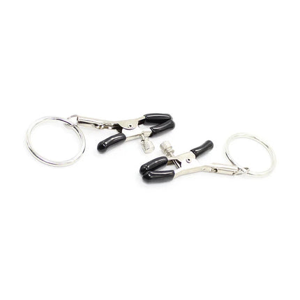 Ohmama fetish schwarze und silberne nippelklemmen mit ringen und strukturierten griffen aus metall