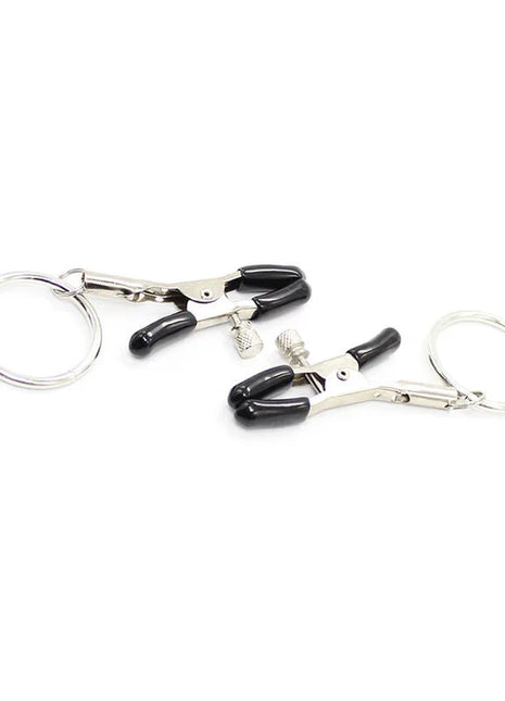 Ohmama fetish schwarze und silberne nippelklemmen mit ringen und strukturierten griffen aus metall