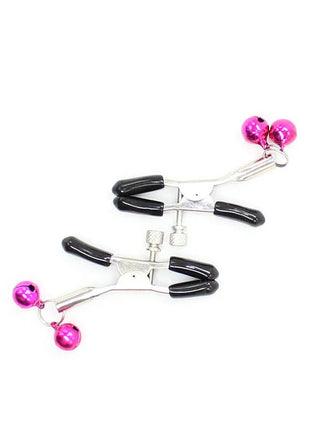 Ohmama fetish metallnippelklemmen mit rosa glocke und schwarzen gummierten griffen