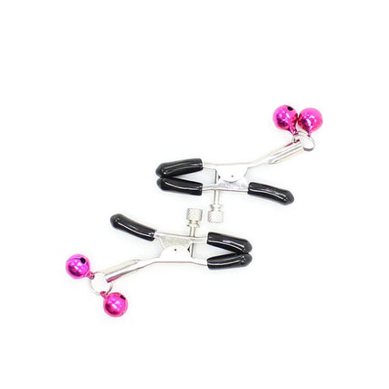 Ohmama fetish metallnippelklemmen mit rosa glocke und schwarzen gummierten griffen