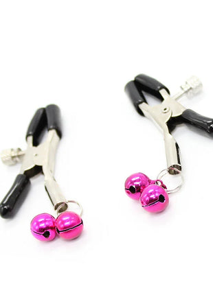 Ohmama fetish nippelklemmen mit rosa metallglocken an schwarzen griffen aus metall zur stimulation