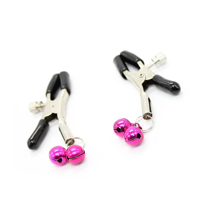 Ohmama fetish nippelklemmen mit rosa metallglocken an schwarzen griffen aus metall zur stimulation