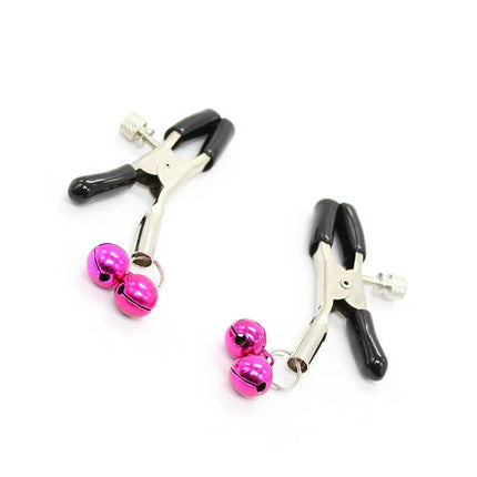 Ohmama fetish schwarze metal nippleklemmen mit rosa glocke und schwarzen griffen