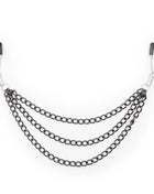 Ohmama fetish nippelklemmem mit schwarzen ketten aus silbernem metall und schwarzen kunststoffgriffen verbunden durch dreilagige ketten