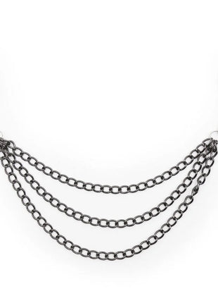 Ohmama fetish nippelklemmem mit schwarzen ketten aus silbernem metall und schwarzen kunststoffgriffen verbunden durch dreilagige ketten